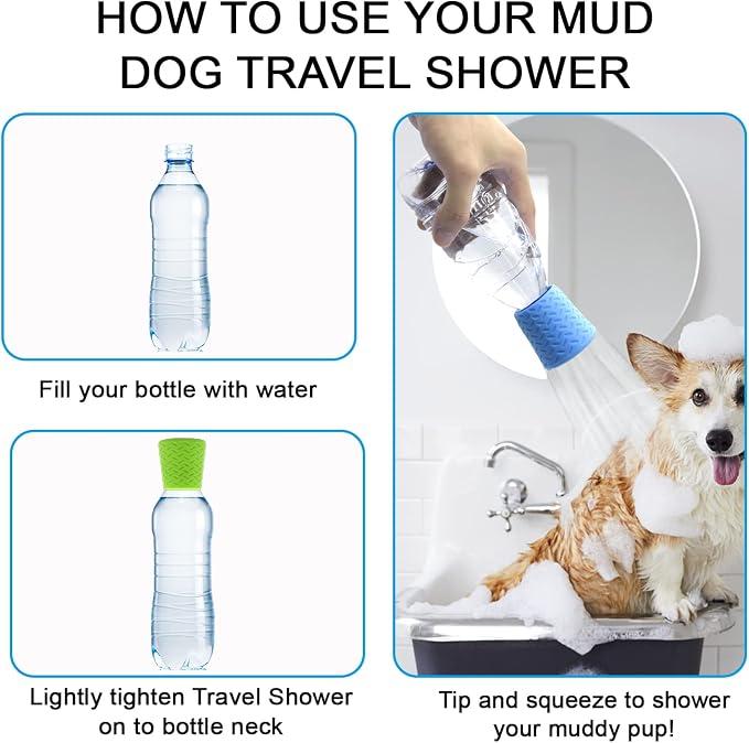 3 Pieces Portable Outdoor Shower for Dogs,Portable Shower Head,Bottle Attachment for Portable Outdoor Shower,Works with Most Plastic Water from 16 oz to 2 Liters (Blue,Green,Orange)
