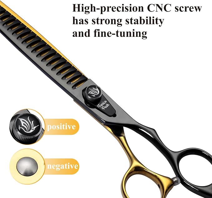 7'' Black and Gold Two-color Dog Grooming Scissors Set Straight Thinning Curved and Chunker Shears 4PCS Set with Pattern Screw and Ergonomic Offest Handle 440C Sharp and Durable