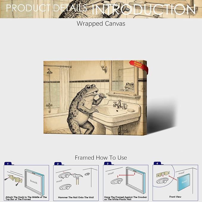 Vintage Frog Brushing Teeth Bathroom Wall Art Whimsical Toad Restroom Poster Antique Illustration Print Aesthetic Wall Decor for Powder Room Apartment Family Bathroom 8X12 in Black Framed