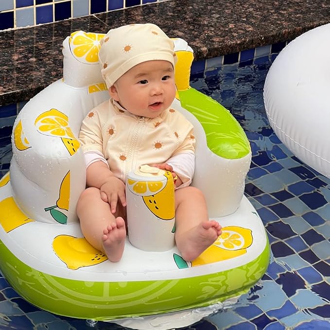 AirSwim Inflatable Baby Seat, Inflatable Baby Chair for Babies 3 Months and Up, Summer Blow Up Chair with Built in Air Pump, Infant Floor Seats for Learning to Sit, Palying, Camping, Lemon