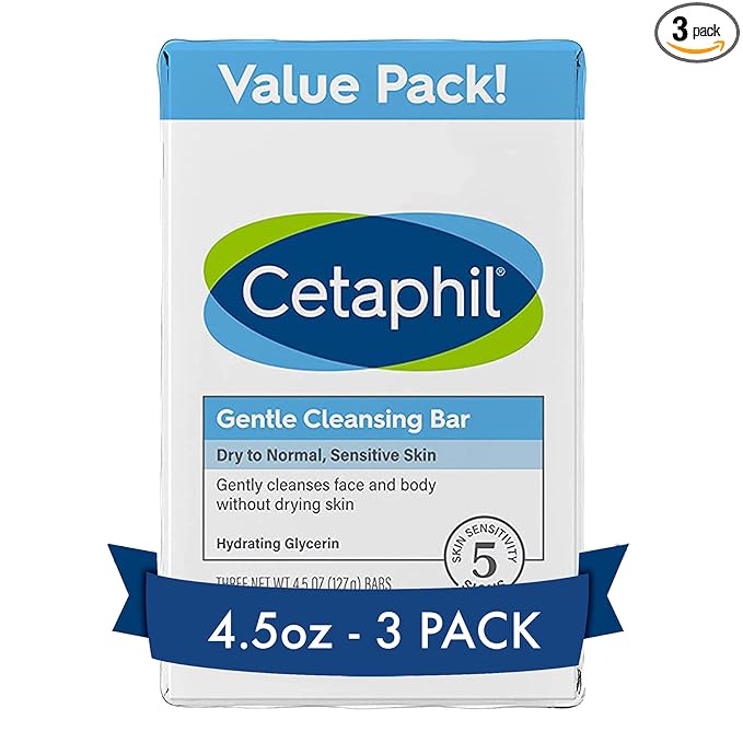 Cetaphil, Gentle Cleansing Bar, Bar, Nourishing Cleansing Bar for Dry, Sensitive Skin, Non-Comedogenic, Non-Irritating for Sensitive Skin, 4.5 Ounce, 3 Count