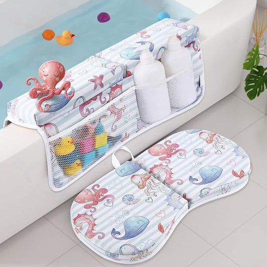 Bath Kneeler and Elbow Rest Pad Set, Jellyfish Design 1.5" Thick Comfortable Kneeling Cushion with Organizer Pockets - Quick Drying, Foldable, Non-Slip for Bathing Time
