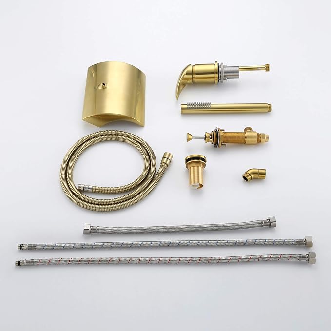 sumerain 3 Hole Roman Tub Faucet with Hand Shower, High Flow Single Handle Waterfall Bathtub Filler Brushed Gold Finish