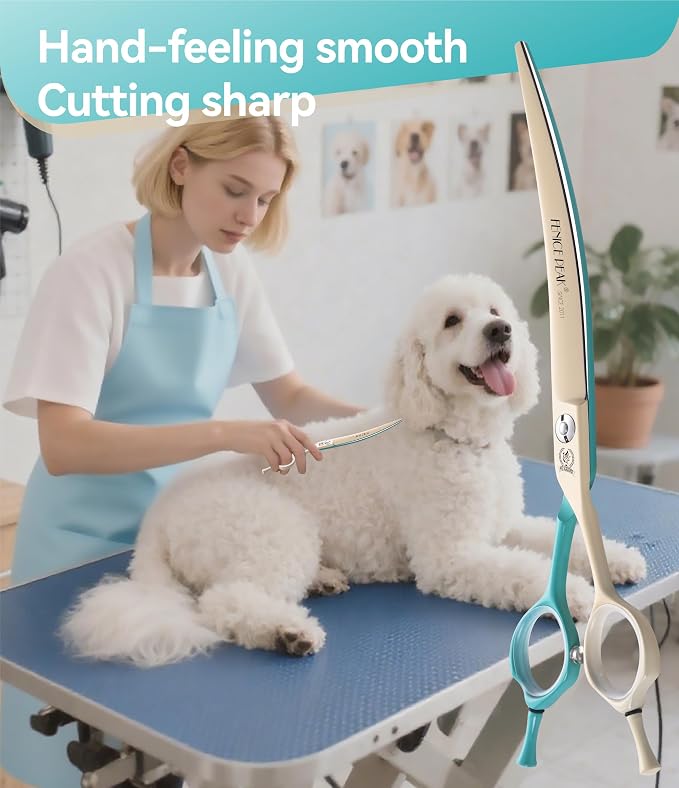 Curved Dog Grooming Scissors with Coating 440C Stainless Steel, 7 inch Professional Curved Shears Dog Grooming，25 Degree of Curved Blade，Pet Shear for Trimming Face and Paws, Green & White