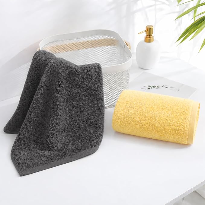 4-Pack Cotton Hand Towels for Bathroom with Hanging Loops, Yellow&Gray | Sink-side towels for drying hands and face, ideal for bathrooms, guest baths, powder rooms, OEKO-TEX certified, easy care
