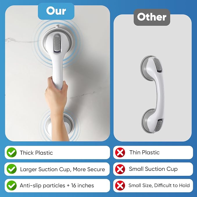 Shower Grab Bars for Bathtubs and Showers, 2 Pack Suction Grab Bars, Heavy Duty Removable Shower Handles with Strong Suction, Bathroom Safety Grip for Seniors, Elderly, Handicap, No Drilling, Gray
