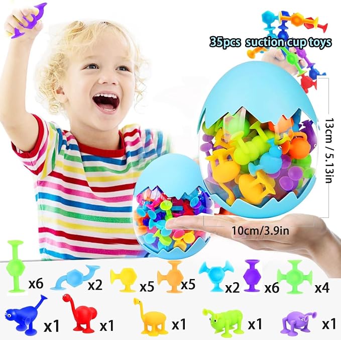Suction Cup Toys, Bath Toys for Kids Ages 3-5 4-8, Travel Toy Mold Free Sensory Fidget Toys Airplane Toys for Boys Girls Toddlers 1-3 Egg Container (Small)