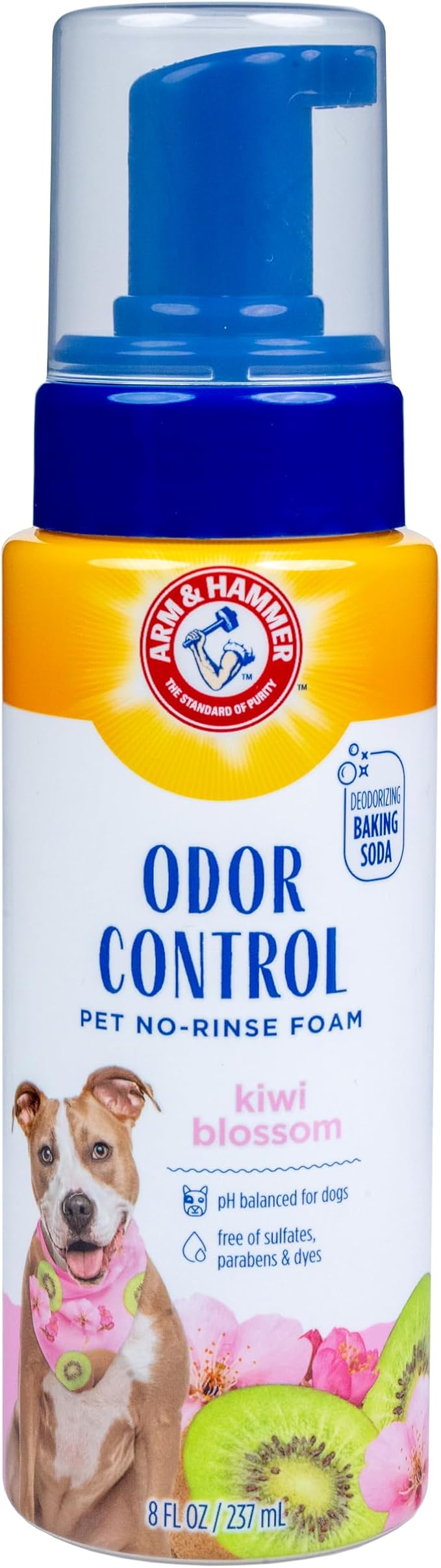 Arm & Hammer for Pets Odor Control No-Rinse Foam Dogs Kiwi Blossom Scent Waterless Baking Soda Deodorizer pH Balanced 8 FL OZ Sulfate-Free