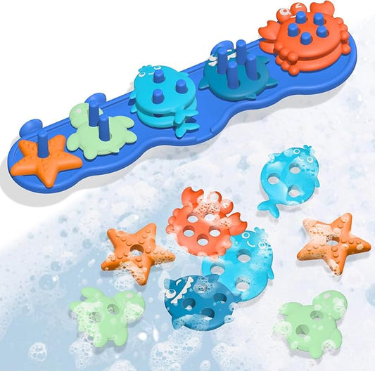 Silicone Baby Bath Toys – Stackable, Shape-Sorting Floating Set with 10 Mold-Free Textured Pieces, No-Hole Design – Early Learning Bathtub Toys for Toddlers and Kids