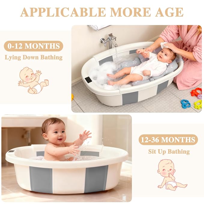 Baby Bathtub, Baby Tub with Thermometer & Soft Cushion, Collapsible Baby Bathtub from Newborn to Toddler Bathtub 0-36 Months, Foldable for Quick Use & Portable for Travel(Grey)