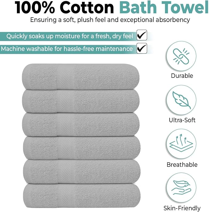 KAHAF COLLECTION 6 Pack Bath Towels Set (27 x 54 Inches) 100% Ring Spun Cotton, Lightweight, Quick Dry, Highly Absorbent Towels (Light Grey, (27x54) Inches)