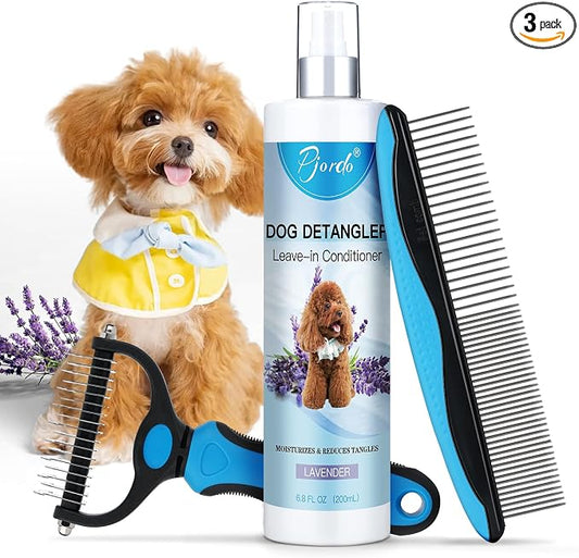 Pjordo Dog Detangler Spray, Natural Dog Leave in Conditioner Spray with Deshedding Brush and Metal Comb for Grooming and Mat Removal, Lavender Scent for Dogs