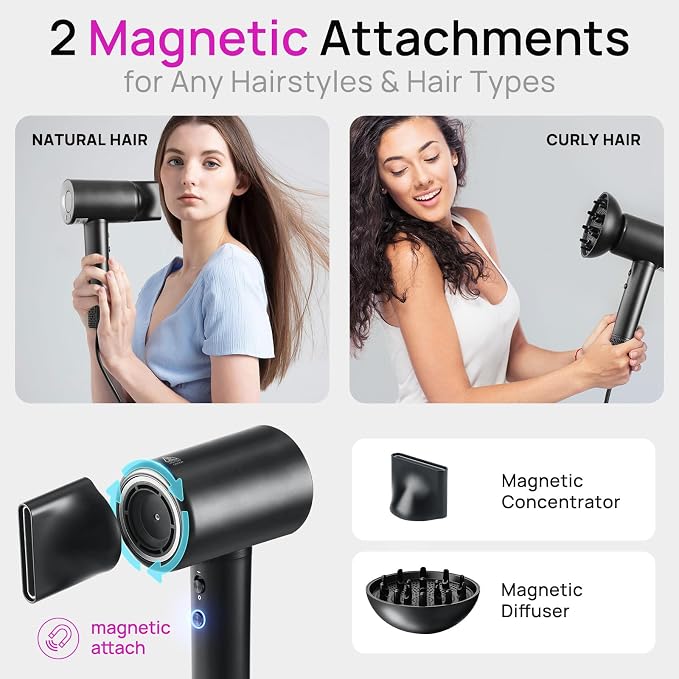 CONFU Hair Dryer, 110000 RPM Fast Drying Blow Dryer with Magnetic Diffuser and Concentrator, Professional Lightweight Ionic Hair Dryer for Women and Men Black