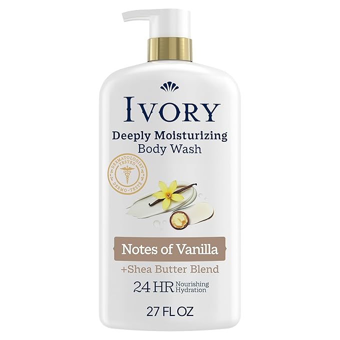 Ivory Body Wash, Deeply Moisturizing, 24hr Nourishing Hydration, Soothes Itchy Dry Skin, Made with Shea Butter Blend, Free of Dyes Heavy Perfumes Parabens & Phthalates, Vanilla Scent, 27 oz