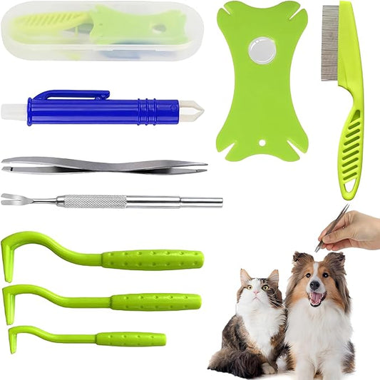 Tick Removal Tool 8 in 1 with Storage Box, Flea Comb, Magnifying Glass, Tick Tweezers, Dog Tick Remover Tool Tick Removal Kit Tick Removal Tool for Dogs Cats Pet Tick Comb