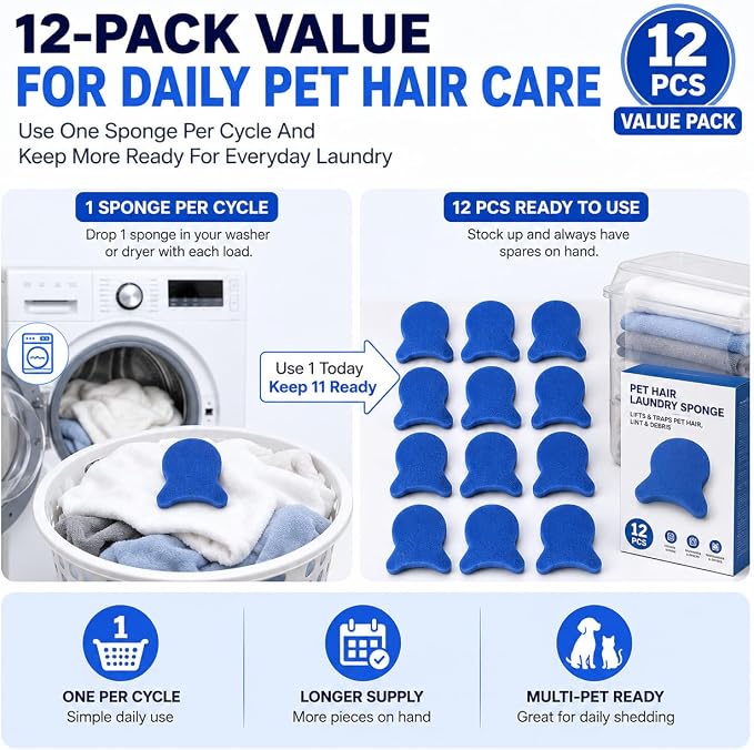 12 Pack Pet Hair Remover for Laundry, Reusable Laundry Hair Catcher for Washing Machine & Dryer, Effectively Removes Dog and Cat Fur, Lint, and Dander from Clothing, Bedding, and Coats