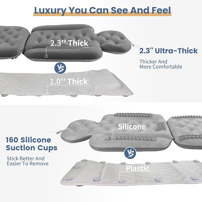 Bath Cushion, Full Body Bathtub Pillow with 160 Suction Cups, Bath Mat for Head and Neck Support, with Laundry Bag (Dark Gray, 51" x 16")