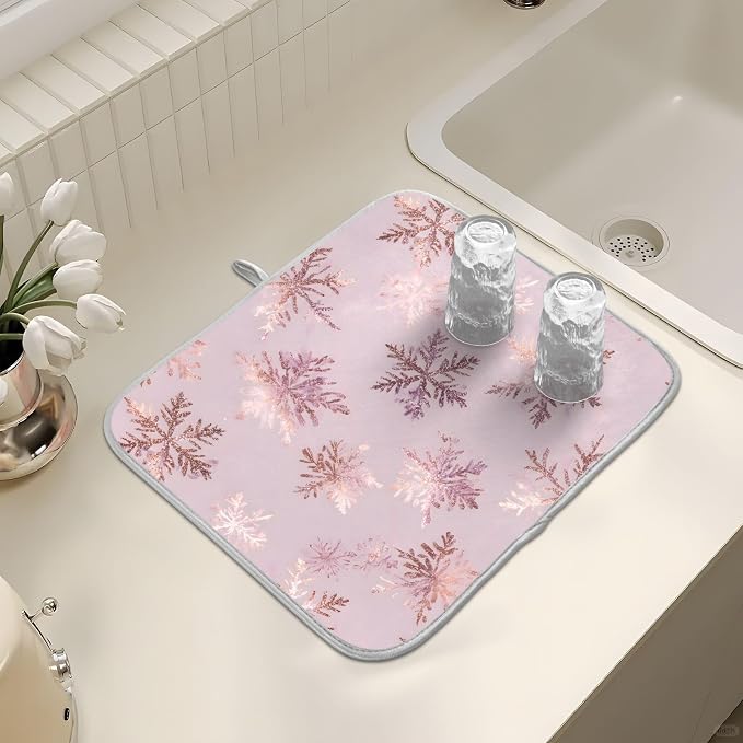 Rose Gold Snowflake Dish Drying Mat, Absorbent Drainer Mats for Kitchen Counter Coffee Maker 24"x18"