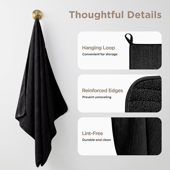 Oversized Bath Towels 8 Piece Towel Set, 2 Extra Large Bath Sheets, 2 Hand, 4 Washcloths, Luxury Soft Super Absorbent Thick Shower Towels for Bathroom, Spa & Hotel, Quick Dry, Black