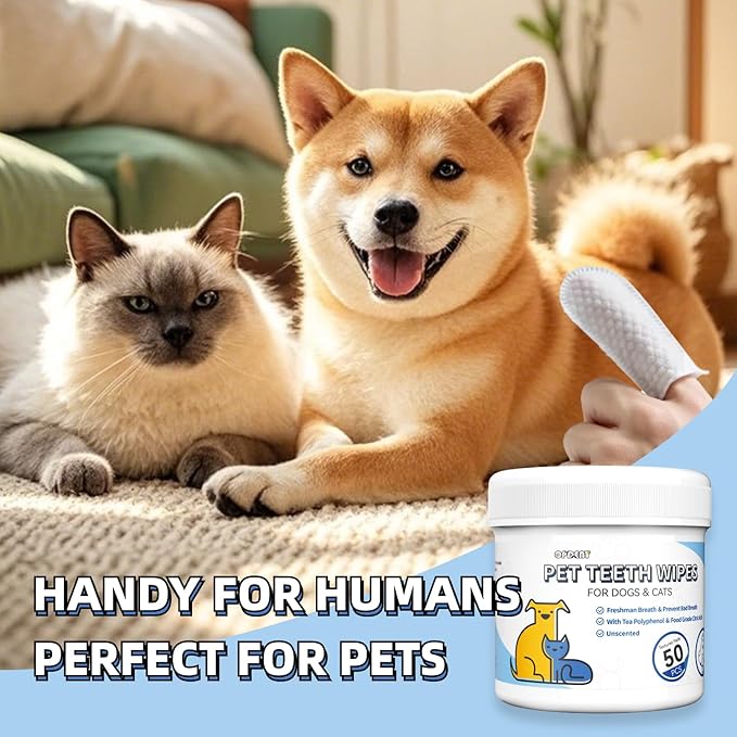 Dog Dental Wipes for Teeth Cleaning 50 Count, Unscented Pet Finger Toothbrush Alternative for Cats and Puppies, No-Rinse Breath Freshener with Coconut Oil