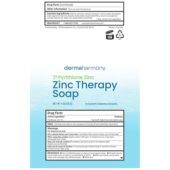 Dermaharmony 2% Pyrithione Zinc (ZnP) Bar Soap 4 oz - Crafted for Those with Skin Conditions - Seborrheic Dermatitis, Dandruff, Psoriasis, Eczema, etc.