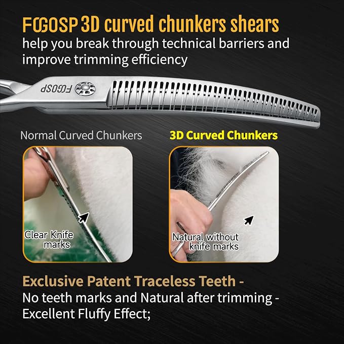 Professional 3D Curved Chunkers Dog Grooming Scissors 7'' Curved Thinning Shears for Dogs Pet 42 Teeth Japan VG10 Sharp and Durable