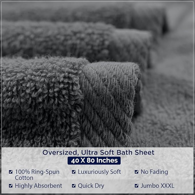 DAN RIVER Pack of 1 Jumbo Bath Sheet 40x80 Inches, Extra Large Gray Bath Towels Oversized, Absorbent Cotton Towels for Bathroom