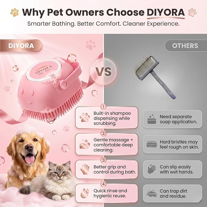 DIYORA Pet Shampoo Brush, 2-in-1 Silicone Bath Brush with Soap Dispenser for Dogs & Cats, Grooming, Massaging, Shedding & Deep Cleaning Tool for Short Hair, Long Hair & Small Pets(Pink)