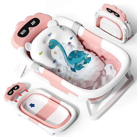 AVIDOR Baby Bathtub,Collapsible Bathtub for Newborn to Toddler,Durable Essential Infant Bath Tub,Portable Travel Baby Tub with Soft Bath Net,No-Slip Feet and Dinosaur Shaped (Pink)