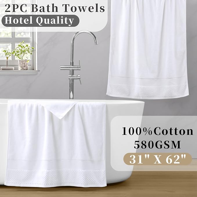 Luxury White Bath Towel for Bathroom, Set of 2, Large 31"x62" - 100% Cotton | Thick 580GSM | Quick Dry | Soft | Absorbent, Hotel Grade Towels for Shower, Bath Sheet Set for Guest, Spa & Sauna, White