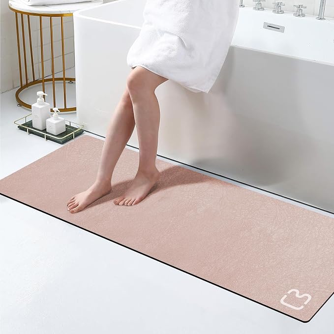 RUERYA Diatomaceous Earth Bath Mat 17" x 59" Extra Long Bathroom Mat Large Fast Dry Super Absorbent Non-Slip Rubber Backed Shower Mat Bath Rugs Mats for Bathroom Floor, Tub, Shower, Sink, Blush Pink
