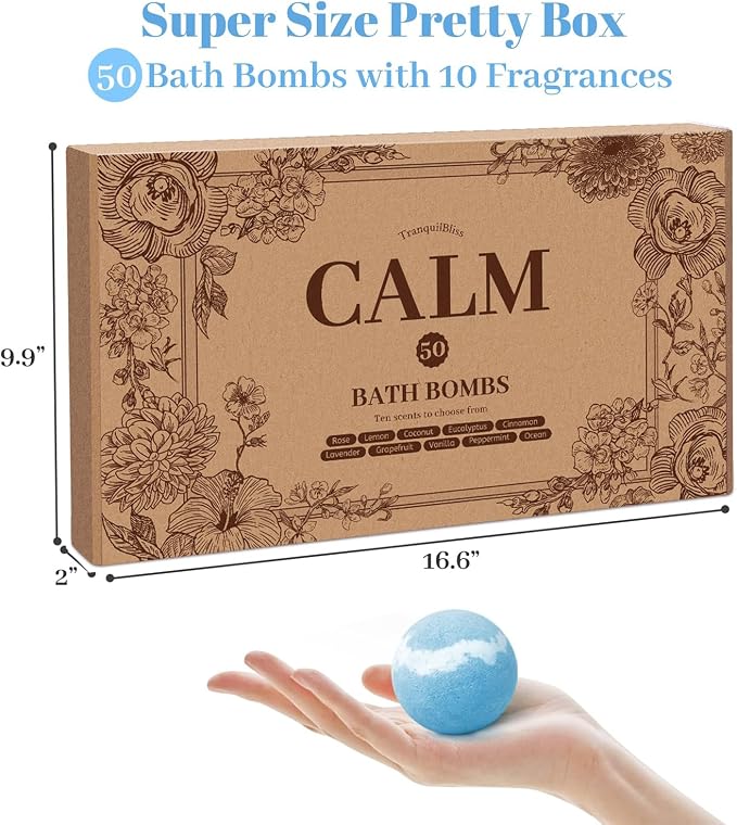 TranquilBliss Bath Bombs Set 50 PCS with 10 Rich Scents, Bath Bombs for Women, Natural Bubble Bombs with Shea Butter & Safe Oil, Ideal for Mother's Day, Birthday, Valentines Present (Brown)
