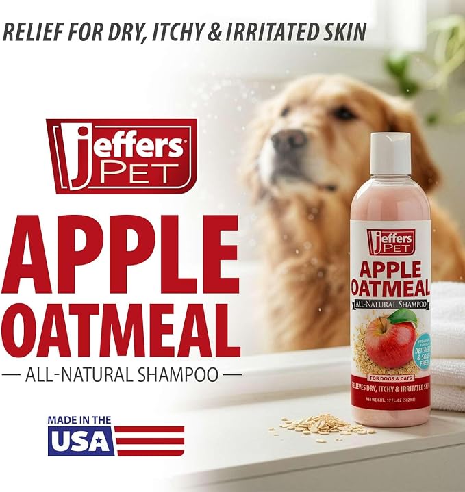 Jeffers Pet Apple Oatmeal Shampoo for Dogs & Cats, 17 oz - Gentle Coconut Based Formula w/Colloidal Oat Protein, Soap Free, Deodorizing Apple Scent, Sensitive Skin, Puppies Kittens Grooming Care