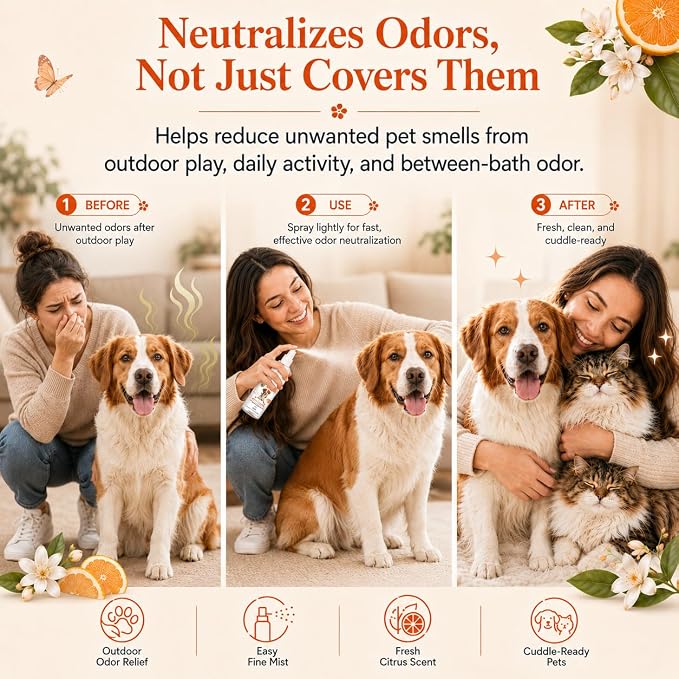 Dog Perfume Spray Long Lasting - Pet Cologne for Dogs & Cats, Alcohol-Free Natural Botanical Formula Deodorizing Grooming Mist, Citrus & Orange Flower Scent, Fresh Coat Care Between Baths, 1.7 fl oz