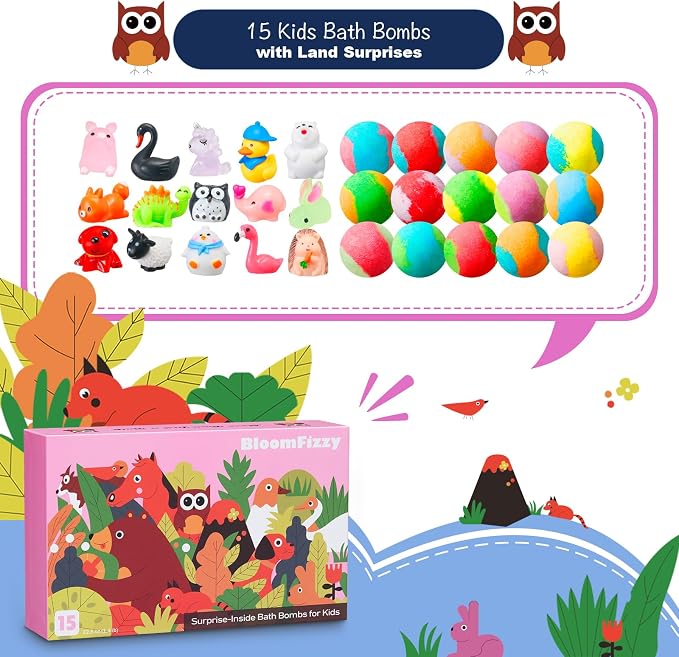 Jungle Adventure Bath Bombs for Kids – 15 Scented Fizzy Bath Bombs with Surprise Land Animal Toys Inside, Colorful Bath Time Fun Gift Set, Gentle & Child-Safe, Perfect for Summer Fun & Birthday Gifts