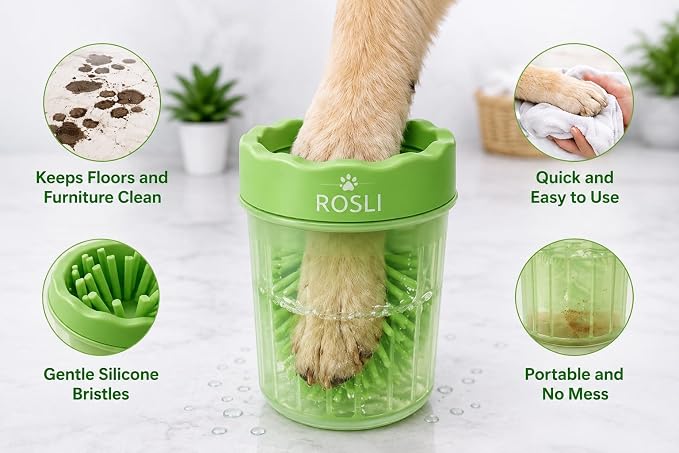 ROSLI Dog Paw Clianer Cup - Portable Pet Paw Washer for Dogs - Deep Cleaning Mud & Dirt - Silicone Brush - Easy to Use & Wash (Blue, Large) (Green, Large)