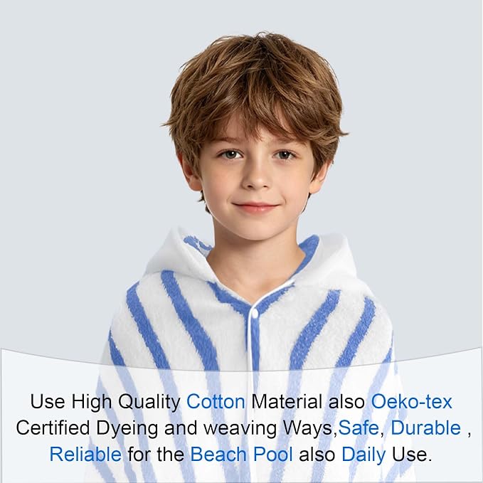 VOOVA & MOVAS Hooded Bath Towels for Teens/Big Kids (8Years Up) | Soft Absorbent 100% Cotton Thick Thin Stripe Towel Wrap | Versatile Beach, Pool, Swim & Bath Cover-Up | Blue
