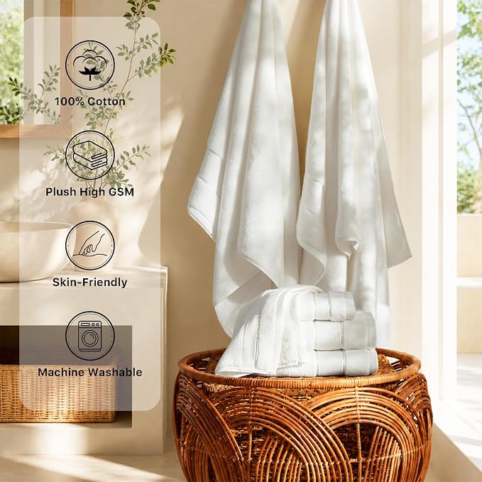 Marvione Bath Towels Set 6 Piece, 100% Turkish Cotton Highly Absorbent and Soft Towels for Bathroom 2 Bath Towels 2 Hand Towels 2 Washcloths, White