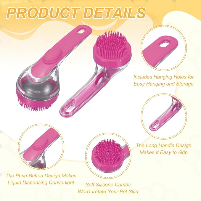 Pet Bath Brush, Dog Shampoo Brush New 2 in 1 Grooming Massage Scrubber Bubble Maker with Ring Built-in Shampoo Dispenser(Fine Bristled,Pink), for Long Short Hair Cats Shower