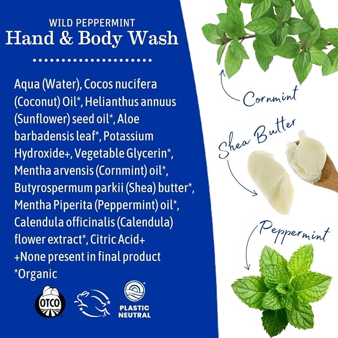 Earth Mama Wild Peppermint Hand & Body Wash | Foaming Castile Soap Liquid and Hand Soap, Made with Organic Wild Mint & Peppermint Oil, 34 fl oz