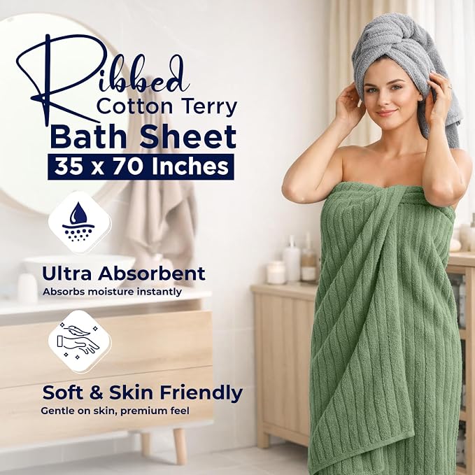 DAN RIVER Pack of 2 Bath Sheet 35x70 Inches, Extra Large Ribbed Quick Dry Bath Towels for Bathroom, Soft Absorbent Towels - Sage Green