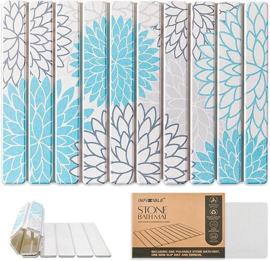 Foldable Stone Bath Mat - 24x16 Inch, Super Absorbent Diatomaceous Earth Large Bath Mats for Bathroom, Quick Dry Non-Slip Stone Drying Mats for Kitchen Counter & Bathtub (Blue Floral Decor)