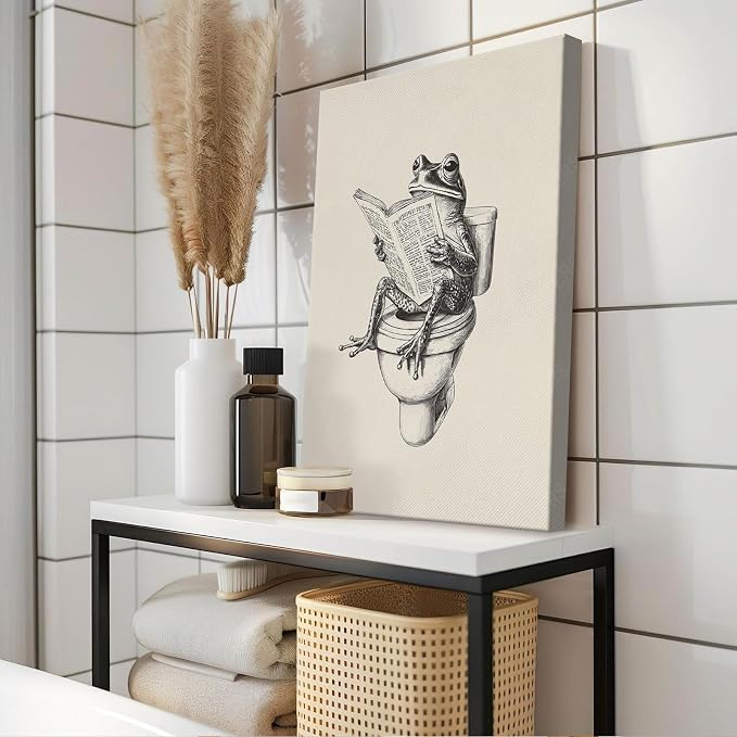 Frog on Toilet Poster – Funny Animal Bathroom Canvas Wall Art Quirky Black & White Frog Reading Newspaper Painting for Playful Restroom Living Room and Bedroom Decor 24X36 in Black Framed
