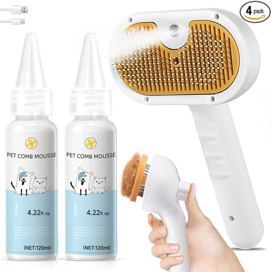Pet Steam Brush for Dog & Cat – 3-in-1 Spray Hair Removal Comb for Shedding & Grooming, Softens Fur & Reduces Static – Water Brush for Long & Short Coats, Bath-Hating Pets, Includes Waterless Shampoo
