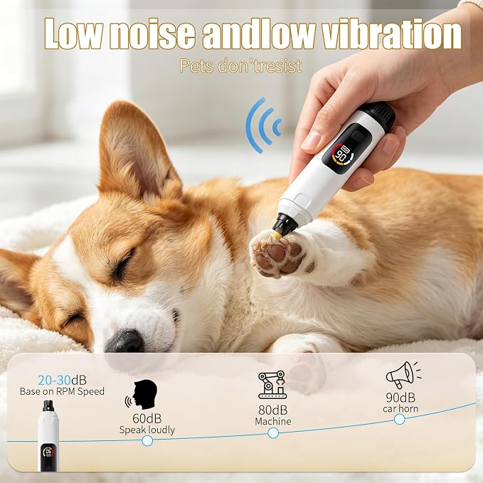 New dog nail grinder with LCD screen, 6 speeds, 4 types of grinding heads, suitable for all types of cat and dog nail, silent groom pro nail grinder, Quiet and low-vibration | Long battery life