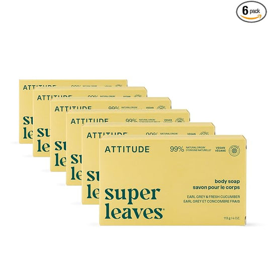 ATTITUDE Body Soap Bar, Natural Origin, Protects and Softens Dry Skin, Watercress, Indian Cress & Olive Oil, EWG Verified & Vegan, Earl Grey & Fresh Cucumber, 4 Oz (Pack of 6)