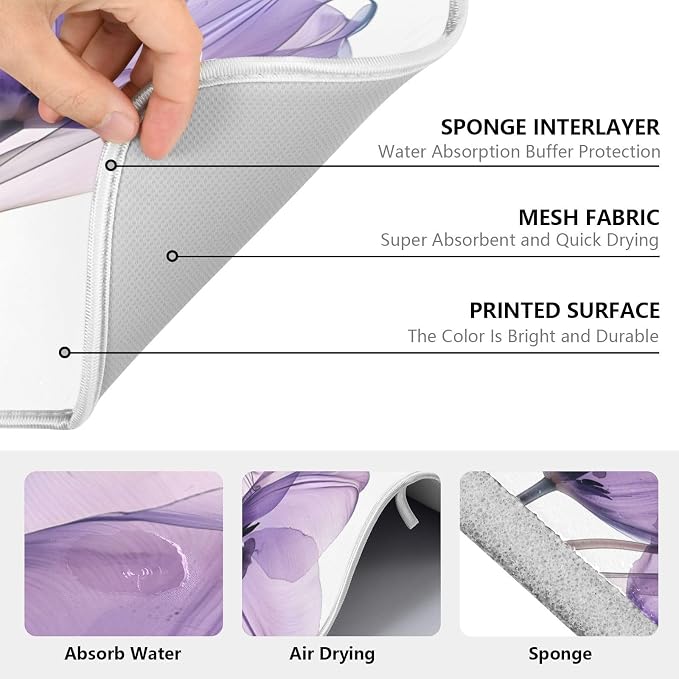 Purple Tulips Flower Dish Drying Mats for Kitchen Counter Small Drying Mat for Dishes Microfiber Dish Rack Mat Drainer Pad Washable Foldable Ultra Absorbent Dry Mat 18"x16"