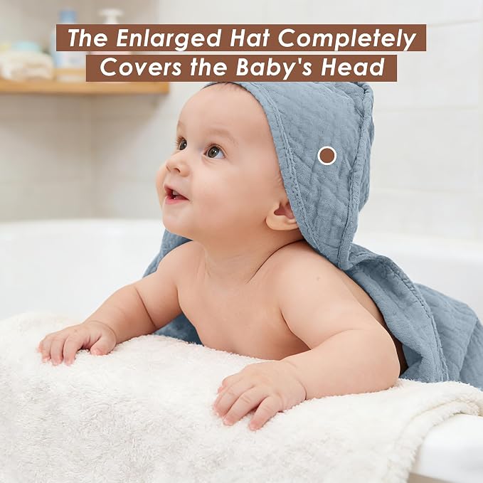 Ease Cubs 3-Pack Muslin Hooded Baby Towels, 100% Cotton, Ultra-Soft & Absorbent Baby Bath Towels with Hood for Babies, Infant, Toddler and Newbron (Grey and Navy Blue Series,32" x 32")