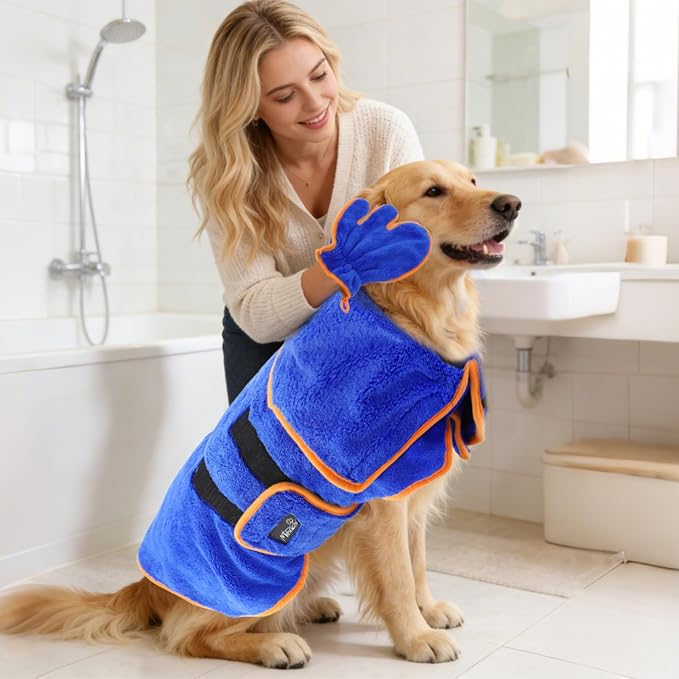 Mihachi Dog Bathrobe Towel Wrap Fast Drying with Drying Gloves Set, Super Absorbent Coral Fleece Dog Drying Coat Bath Robe for Puppy, Medium & Large Dogs, Adjustable Collar & Belly Strap, Blue 2XL