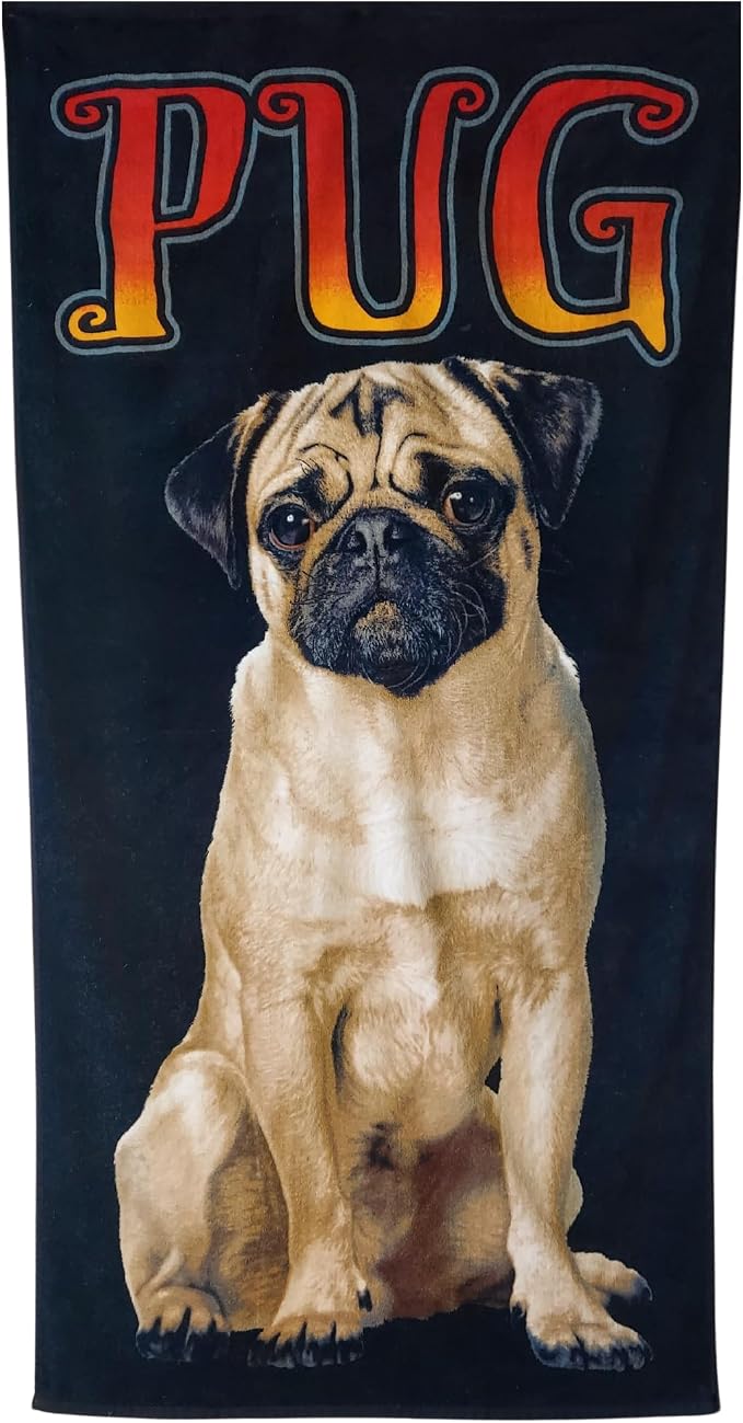 Pug Beach Towel 30”x60” – 100% Cotton Velour, Highly Absorbent, Fast Drying, Easy Pack for Spring Break, Vacation, Beach, Pool, or Sunbathing – Lightweight, Compact for Travel – Cute Pet Novelty Gift
